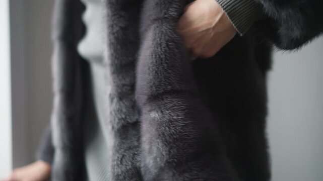 Close up of woman wearing and feeling texture of dark gray fur coat. subject hands move along length of garment emphasizing its soft material properties. Soft lighting highlights luxurious