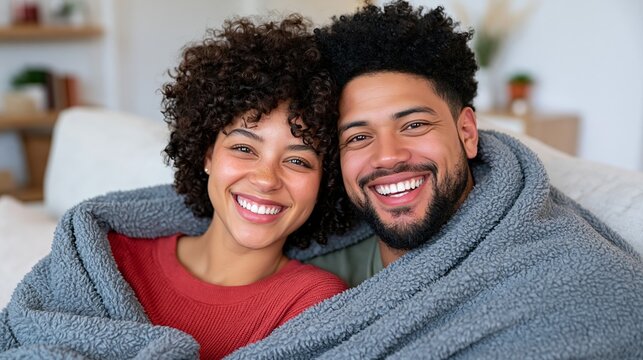 Happy young couple smiling warmly while cuddling together under a cozy grey blanket at home on a comfortable sofa.