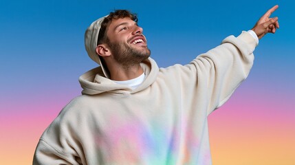 Naklejka premium Happy young man in hoodie pointing upward against colorful gradient sky background