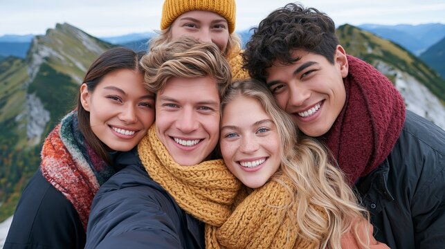 Happy young friends group selfie on mountain peak with scenic valley background