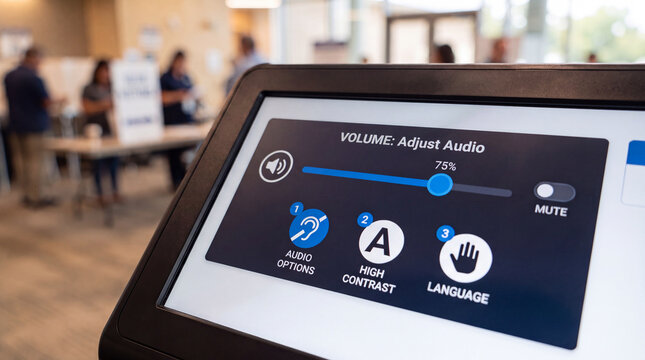 Close up of accessible voting machine screen showing audio and high contrast options. Inclusive technology at polling station