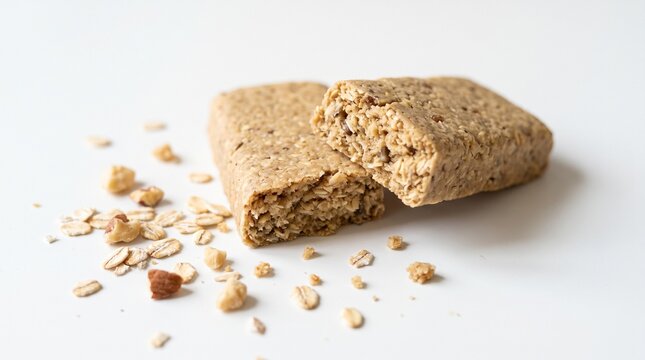 Two rectangular granola bars on white plate, one broken with crumbs scattered, minimalist healthy snack composition highlighting texture and detail.