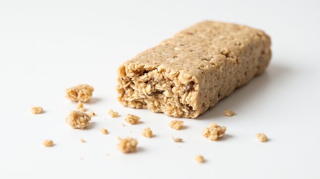 Two rectangular granola bars on white plate, one broken with crumbs scattered, minimalist healthy snack composition highlighting texture and detail.