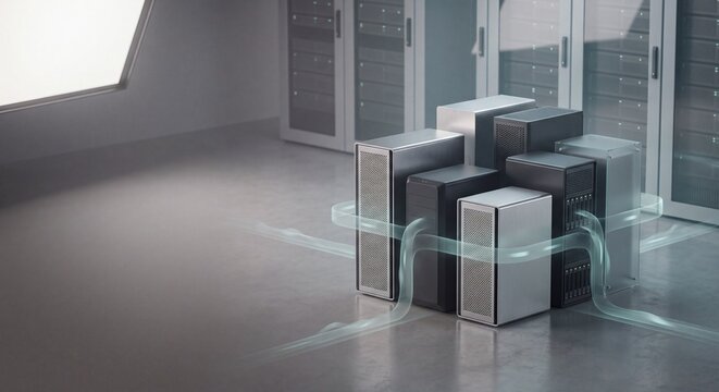 Abstract 3D render of computer towers with flowing water streams symbolizing cooling and data processing in a modern technology room