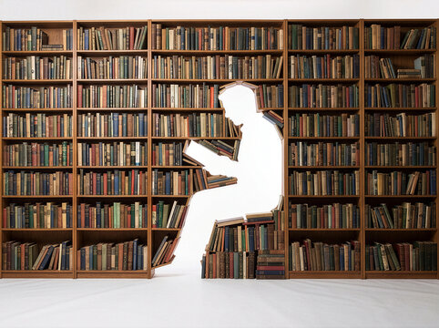 Cutout silhouette of person sitting and reading inside huge library bookshelf