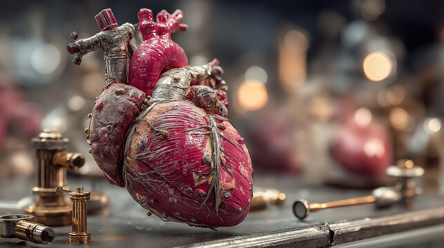 A realistically rendered human heart with stitched seams rests among brass laboratory instruments anatomy cardiac cardiology circulatory coronary heartbeat internal-organ