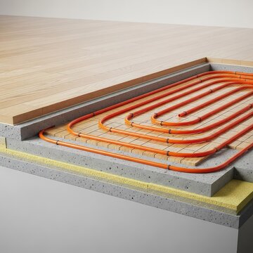 A detailed cross-section of a modern interior floor showing orange radiant heating pipes arranged in a grid pattern under wooden planks, underfloor, insulation, grid