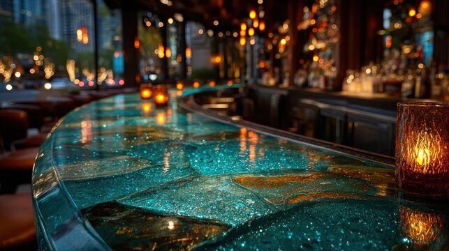 Reflective blue glitter bar counter at night with ambient lighting