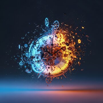 A dramatic image of a classic clock shattering into glowing pieces and luminous dust, capturing the powerful concept of fleeting moments, decay, concept, particles