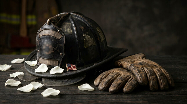 Worn black firefighter helmet and leather gloves with American flag pin on wooden table