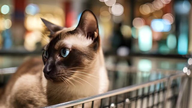 Elegant Siamese cat sitting in cart, luxe mall floor reflections blurred, soft latte lighting, clear whiskers and coat sheen