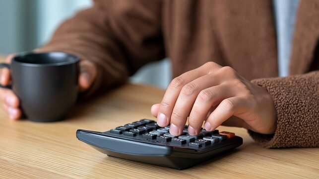 Person using calculator and holding coffee cup at wooden desk for financial calculations or budgeting tasks in office setting