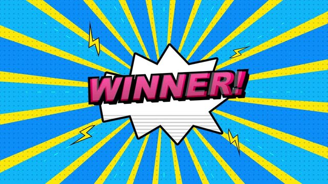 Comic book winner text animation, retro pop art speech bubble on sunburst background, vibrant victory motion graphic for gaming and social media