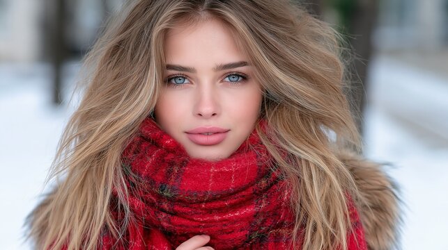 Portrait of a young woman with blonde hair and blue eyes wearing a red plaid scarf in a snowy winter outdoor setting.