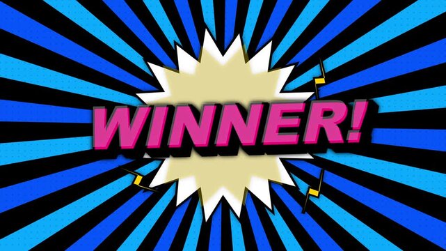 Retro comic book winner text animation, pop art style victory message, blue sunburst background with pink winner typography