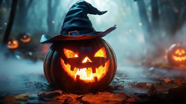 Halloween Pumpkin Wearing Witch Hat in Spooky Forest