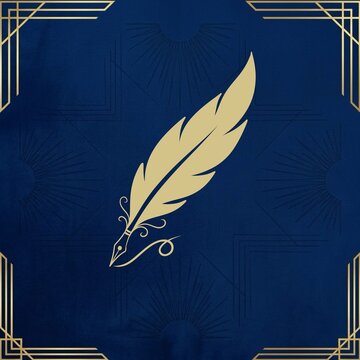 Golden Art Deco Feather Pen Illustration on Dark Blue Background