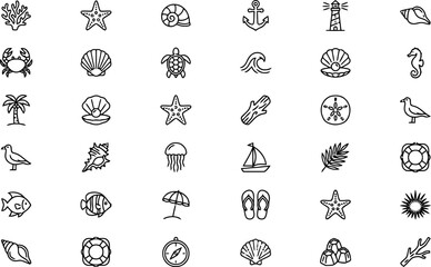 Fototapeta premium Collection of marine life and nautical elements in a line art style