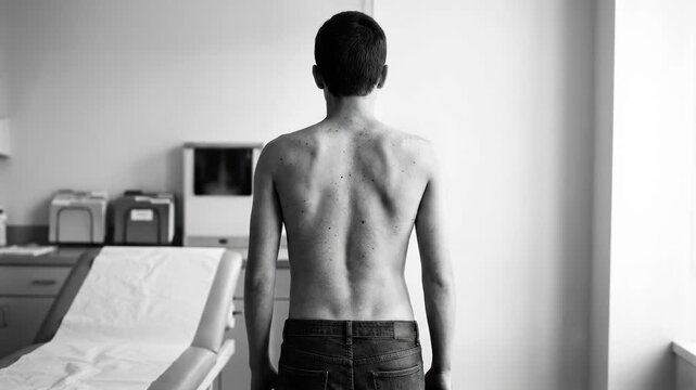 Clinical patient posture: scoliosis assess, spinal deformity, body asymmetry, health screen, medical clinic, vertebral curve, growth concern, trunk rotation.