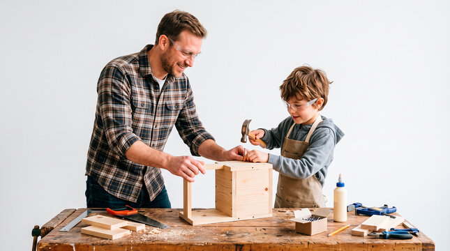 Father and son working together on a woodworking project against a white background