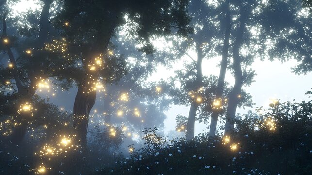 Magical enchanted forest with glowing fireflies and soft morning mist in the woods