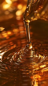 Honey flows slowly onto a shiny surface, forming smooth shapes and creating ripples in the light. This takes place in a kitchen setting.
