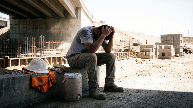 Exhausted Construction Worker Overwhelmed by Intense Heat Wave Summer Weather Global Warming Crisis Stressed Manual Laborer Sitting Under Bridge Site Sun Exposure Dehydration Risk Heavy Physical Work