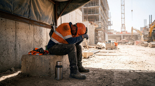 Exhausted Construction Worker Resting Amidst Severe Heat Wave Global Warming Crisis Extreme Weather Conditions On Industrial Building Site Stressed Laborer Suffering From Heat Stroke Dehydration