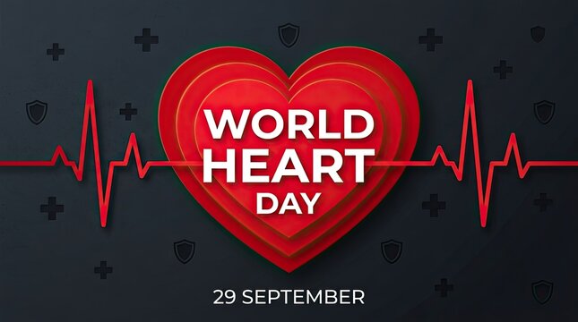 World Heart Day September 29 Dark Theme Graphic Banner with Red Heart and Electrocardiogram Line