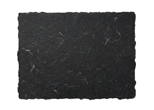 Black Handmade Recycled Paper Sheet with Natural Fiber Texture and Deckled Edges on Transparent Background