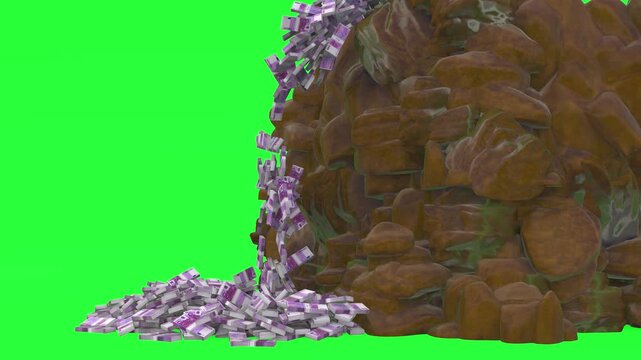 Euro banknotes falling like a waterfall from golden rocks