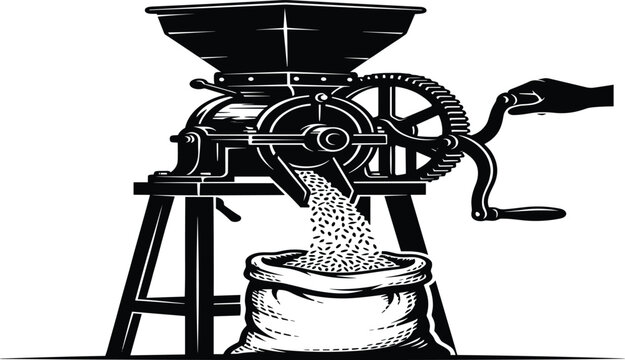 Vintage grain mill vector illustration with hand crank grinding seeds into a burlap sack