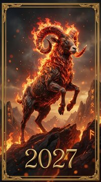 Astrological flame caprid: Chinese calendar, blazing goat, horned ram, mythical beast, magma mountain, glowing rune, invitation template, festive poster, golden border.