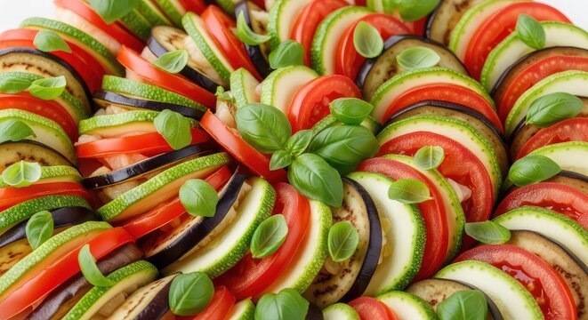 Vibrant ratatouille arranged in a beautiful spiral with layers of zucchini, eggplant, and tomatoes garnished with fresh green basil leaves, homemade, nutrition, layer