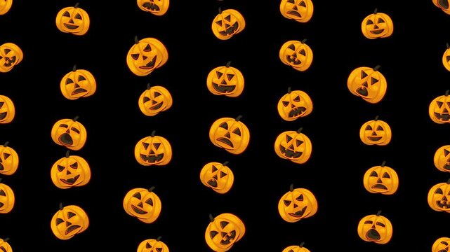 Seamless animation loop of carved Halloween pumpkin faces falling on a black background for video
