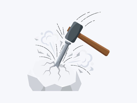 Flat vector illustration of hammer breaking rock stone