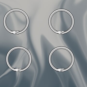 Four ouroboros snake circle symbols on blue silk fabric background