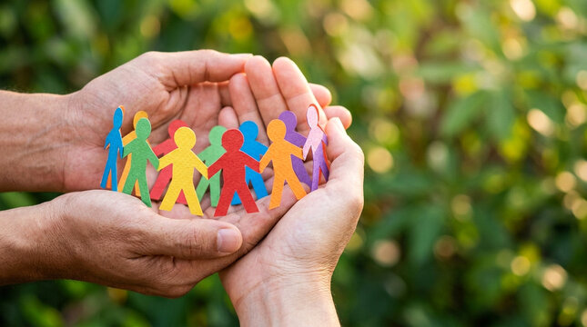 Hands holding a circle of colorful paper cutout people figures against a blurred green background
