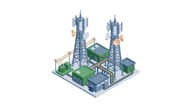 Isometric illustration of two cell towers with equipment.