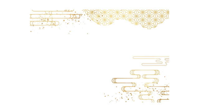 Japanese style gold cloud silhouette and geometric asanoha pattern frame on white background traditional
