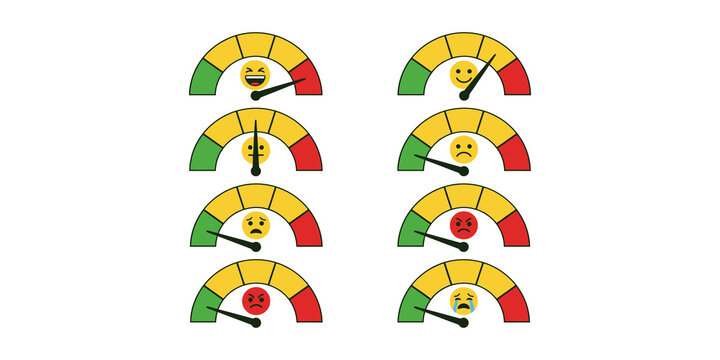 Emotional gauges with diverse facial expressions on meter scale for measuring performance and mood feedback system.