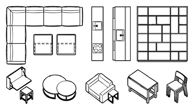 Top view sectional sofa and cabinet furniture set for residential interior design layout drawing
