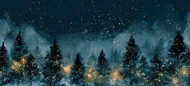Watercolor winter woodland in midnight blue, warm lights glowing amid pine branches, snowflakes as white ink dots, dark upper sky for gold lettering