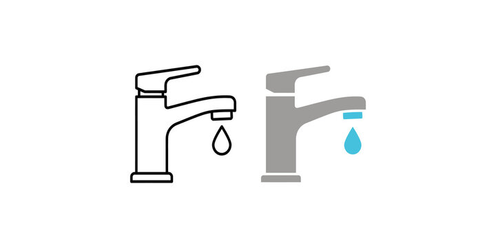 Water faucet tap icon set with drop featuring simple outlines for plumbing interior design and environment saving.
