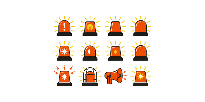 Emergency siren light icons set featuring orange revolving warning beacons for security alerts and industrial hazard use.