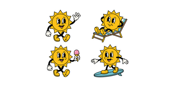 Summer sun mascot characters set enjoying ice cream lounging in beach chair and surfing for vacation travel design.