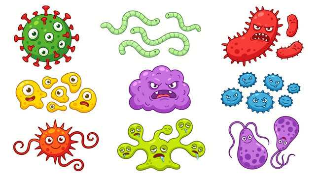 Diverse collection of colorful cartoon bacteria and viral organisms illustrated as a vector graphic set for science educational biology projects