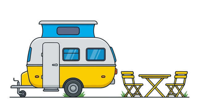 Colorful retro camper van vector illustration featuring folding chairs and table for camping lifestyle activities in a simple flat design