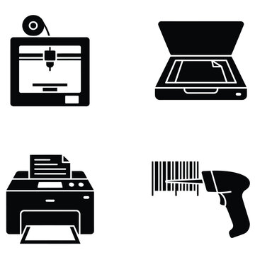 Office equipment icons featuring a 3d printer scanner printer and barcode reader