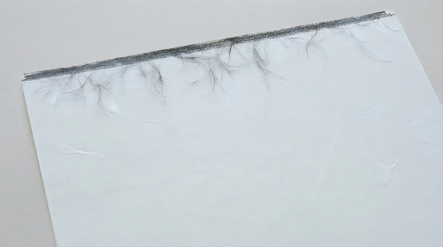 Black hair strands stuck on a white sticky lint roller sheet isolated on transparent background, isolated on white background